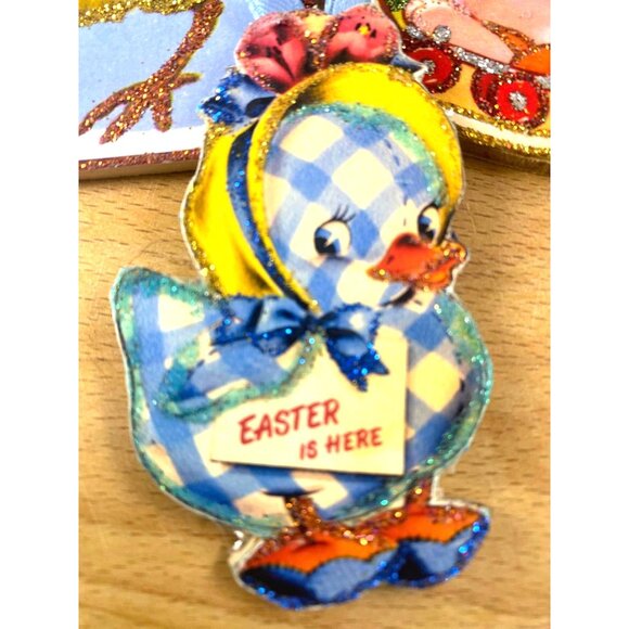 Vintage Easter Glittered Ornaments - Bunny Chick & Duck Set Retro Style Decorati - Picture 5 of 6